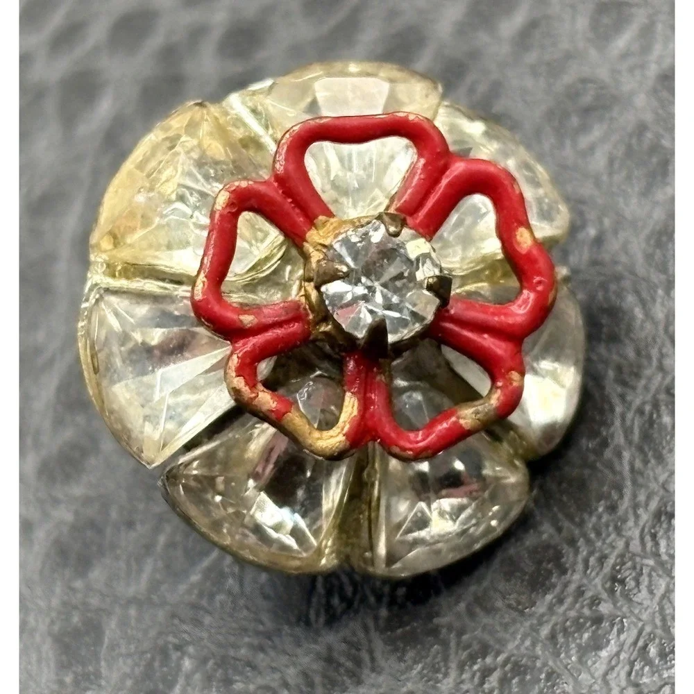 Vintage Art Deco Pot Metal Keystone Rhinestone Crystal Red Enamel Flower Button